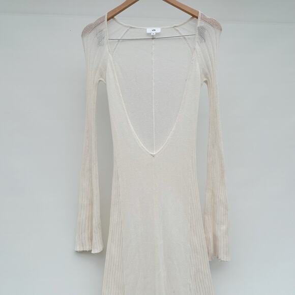 LPA Jorryn Revolve Crochet Bell Sleeves Knit Maxi Dress Coverup Cream White XS - Picture 7 of 14